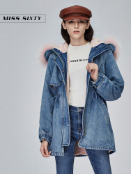 Miss Sixty冬季连帽收腰中长款派克服环保皮草内胆牛仔外套女