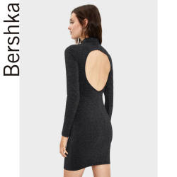 Bershka女士 2019秋新款金属色纱线修身连衣裙小黑裙 05555326800