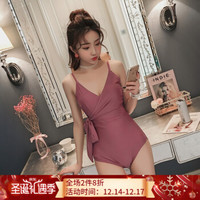 小桃（XIAOTAO） 小桃泳衣女2018新款简约复古色性感修身遮肚小胸聚拢三角连体泳衣 豆沙红 M *2件