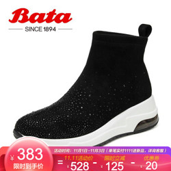 Bata/拔佳2019冬专柜同款休闲厚底弹力袜靴休闲靴水钻平跟女短靴65811DD9 黑色 39