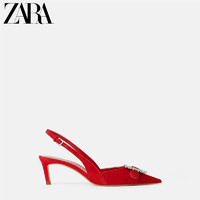 ZARA新款 女鞋 夏季红色别针露跟高跟羊皮革皮鞋单鞋 15208001020