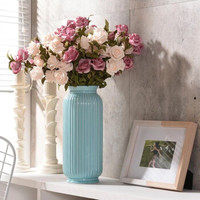 Hoatai Ceramic 华达泰陶瓷 陶瓷花瓶摆件 蓝色花瓶配欧粉玫瑰花