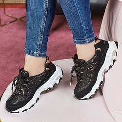 SKECHERS 斯凯奇 D'LITES系列女士圆头系带平底休闲鞋13087 黑色/玫瑰金色35