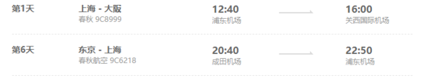 上海直飛日本東京+大阪6天往返含稅機票