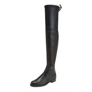 STUART WEITZMAN 斯图尔特·韦茨曼 女士黑色皮革平底过膝高筒靴 LOWLAND BLACK STR NAPPA 37.5