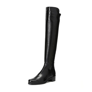 STUART WEITZMAN 斯图尔特·韦茨曼 女士织物配皮粗跟及膝长靴 RESERVE BLACK NAPPA 黑色 39码