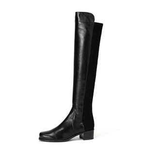 STUART WEITZMAN 斯图尔特·韦茨曼 女士织物配皮粗跟及膝长靴 RESERVE BLACK NAPPA 黑色 39码