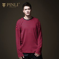 PINLI品立男装2018秋季新款长袖T恤圆领宽松撞色条纹上衣潮打底衫 *4件