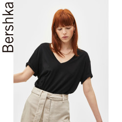 Bershka 02169900800 女士 简约黑色宽松V领短袖T恤衫上衣