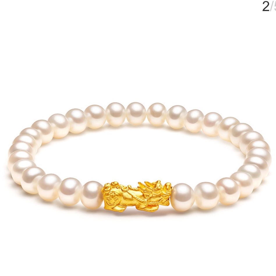 梦金园 3d硬金貔貅足金珍珠手串 单只貔貅