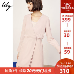 Lily2019春新款女装商务感灰粉色V领修身通勤长袖拼接连衣裙7905