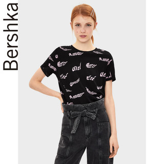 Bershka 02428443040 女士字母印花T恤 黑色