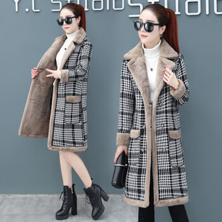 BANDALY 2019冬季女装新款毛呢大衣格子外套韩版中长款流行呢子大衣女 HZCZ2026-6815 黑白色 L