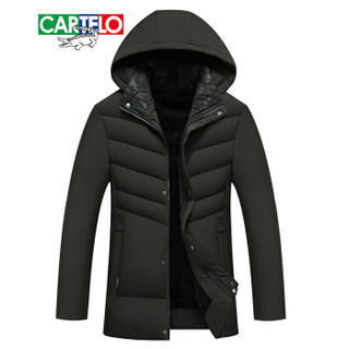 卡帝乐鳄鱼(CARTELO)棉服男2019新款男装冬季加厚保暖中长款连帽棉衣男外套 绿咖色 L