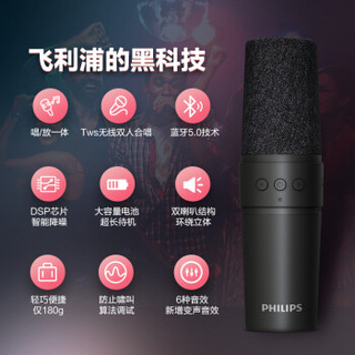 飞利浦 PHILIPS DLM3006U 双人合唱麦克风 无线蓝牙音响一体话筒 全民K歌 儿童娱乐电容麦家庭KTV变音器 黑色