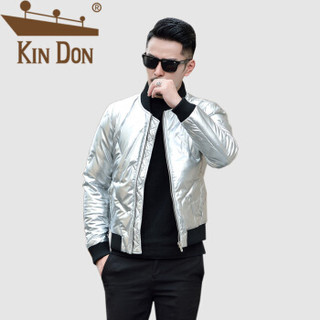 金盾（KIN DON）羽绒服 男2019冬季新款休闲百搭修身加厚保暖棒球领后背刺绣外套 QT2009-1801 银色 L