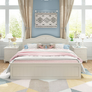A家家具 床 简约卧室框架双人床 韩式田园浪漫板式木床 平床尾 1.5米床+床垫 HS001