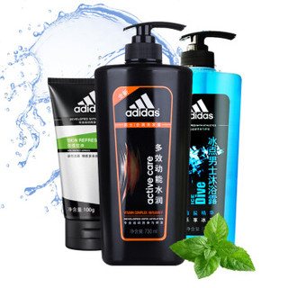 adidas 阿迪达斯 男士洗沐套装（多效动能水润去屑洗发露730ml+冰点沐浴露600ml+炭爽洁面100g）