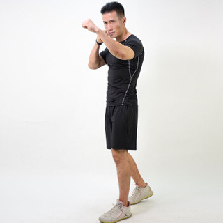 范迪慕 运动套装男士健身服紧身速干透气吸湿排汗跑步篮球套装健身衣男 FNZ9001-黑色拼线-短袖三件套-XL