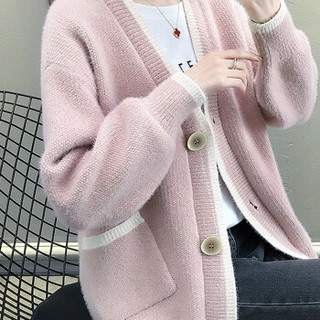 薇图（vitto）女装2019新款韩版宽松慵懒风灯笼袖针织开衫外搭毛衣外套QDsu441VT 粉色 L