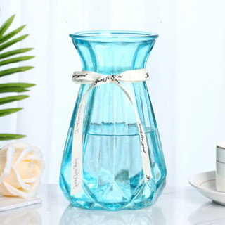 拼乐趣 简约欧式玻璃花瓶彩色透明水培绿萝植物仿真插花客厅创意装饰摆件 冰心款天蓝色18.5*9.5cm