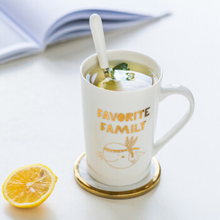 亿嘉IJARL 创意陶瓷杯马克杯杯子带盖带勺可爱咖啡杯 白色小海豚金边