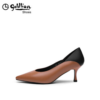 金利来（goldlion）女士尖头浅口单简约撞色工作细高跟鞋62693001540P-棕色-35码