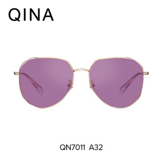 亓那QINA太阳镜女不规则多边形眼镜2019年新款透色墨镜QN7011 A32玫瑰金色框葡萄紫色片