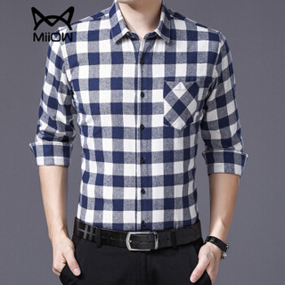 猫人（MiiOW）男士衬衫时尚休闲百搭格子长袖衬衫B357-9901兰格2XL