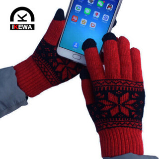 艾可娃（IKEWA）ST001 五指针织手套男女雪花图案秋冬天双层保暖毛线手套 红色