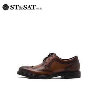 星期六男鞋（ST&SAT）头层牛皮革英伦男士商务皮鞋休闲潮鞋男 棕色 41