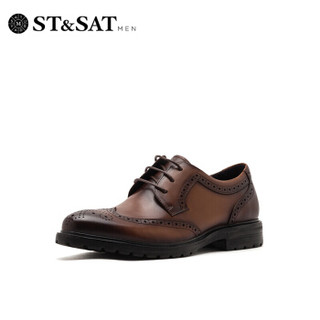 星期六男鞋（ST&SAT）头层牛皮革英伦男士商务皮鞋休闲潮鞋男 棕色 40