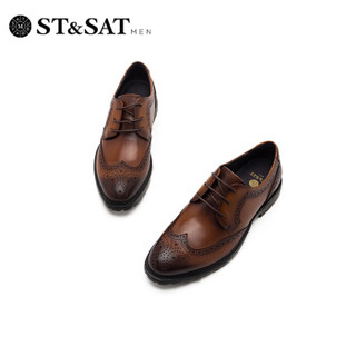 星期六男鞋（ST&SAT）头层牛皮革英伦男士商务皮鞋休闲潮鞋男 棕色 40