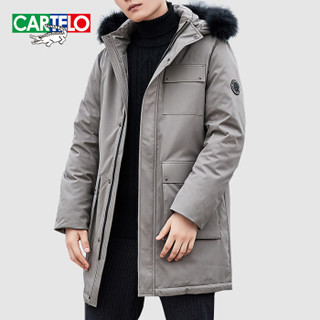 卡帝乐鳄鱼(CARTELO)羽绒服男中长款2019冬季新品男士时尚大毛领连帽保暖防寒男装外套 卡其 2XL