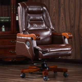 欧宝美电脑椅真皮老板椅实木大班椅可躺升降办公椅棕色
