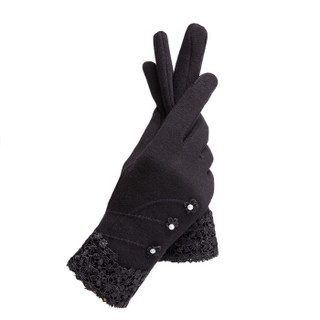 百尚意特（BAISHANGYITE） 手套 女士冬季加绒加厚棉手套保暖麂皮绒骑车户外手套蕾丝 均码 BY117 黑色两双