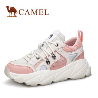 骆驼（CAMEL） 女士 活力透气网布拼接系带厚底老爹鞋 A91525657 米/粉 35