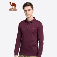 骆驼（CAMEL）男装 青年长袖翻领绣标水洗纯色休闲针织布T恤男D8A374284暗红_M