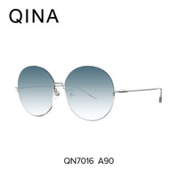 亓那(QINA)太阳镜女 圆形复古太阳镜潮人墨镜眼镜女QN7016 A90镜框亮银色|镜片透灰蓝色渐进