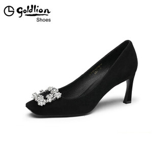 金利来（goldlion）女士方头浅口单钻扣装饰工作细高跟鞋61991010901P-黑色-38码