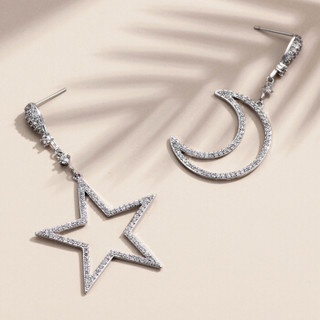 新光饰品月下星辰S925银针银白色满锆星月组合长款时尚韩风耳环 银色