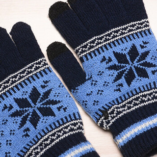 艾可娃（IKEWA）ST001 五指针织手套男女雪花图案秋冬天双层保暖毛线手套 蓝色