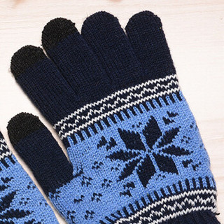 艾可娃（IKEWA）ST001 五指针织手套男女雪花图案秋冬天双层保暖毛线手套 蓝色