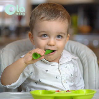 olababy婴儿辅食勺硅胶软勺子绿芽长柄喂食勺(宝宝3个月)2只装