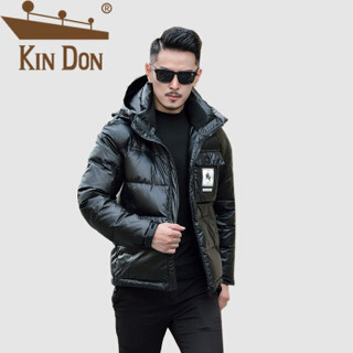 金盾（KIN DON）羽绒服 男2019冬季新款休闲百搭韩版潮流连帽亮面加厚保暖外套 QT2009-8089-2 黑色 4XL