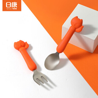 Rikang 日康 叉勺 儿童餐具 婴儿餐具卡通不锈钢硅胶叉勺套装（活力橙）
