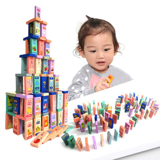 好莱木 儿童玩具多米诺骨牌120片认知汉字数字单词字母水果动物双面积木3-4-5-6-7岁宝宝玩具礼物