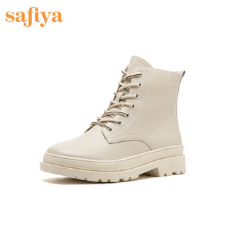 索菲娅女鞋（Safiya）圆头低平跟系带马丁靴女靴 白色 34