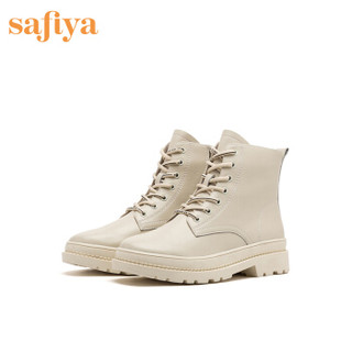 索菲娅女鞋（Safiya）圆头低平跟系带马丁靴女靴 白色 34
