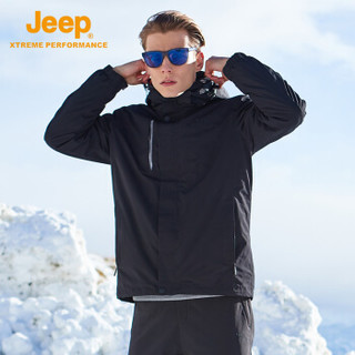 Jeep 男士冲锋衣抓绒两件套 户外冲锋衣男三合一两件套防风防水保暖登山外套男 品牌黑 2XL